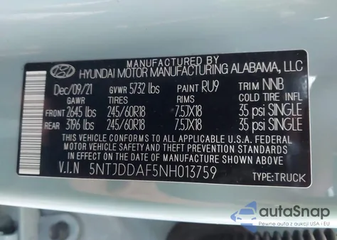 2022 Hyundai Santa Cruz Sel Premium z USA, uszkodzony, nr VIN 5NTJDDAF5NH013759